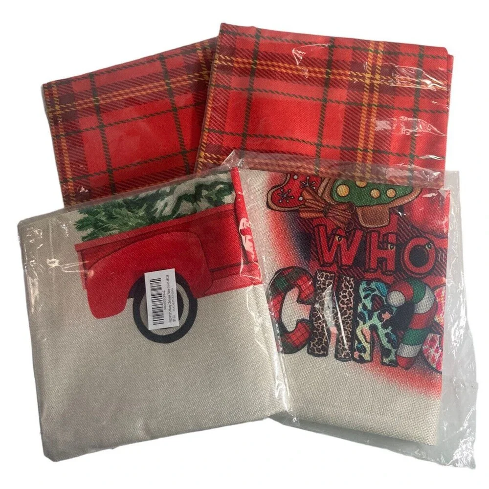 Christmas Toss Pillow Covers 18x18 Set of 4 Farmhouse Country Plaid Home Decor